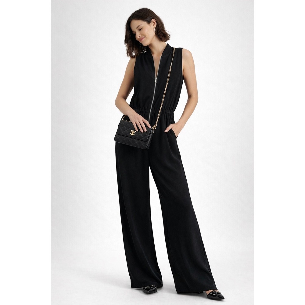 Steve Madden Sleek Black Sleeveless Zipper Front Wide Leg Jumpsuit Elegant M
